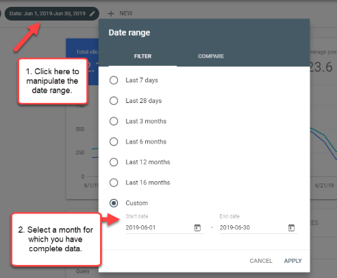 The Date ranger filter allows you to select preset or custom time periods to apply to your graph.