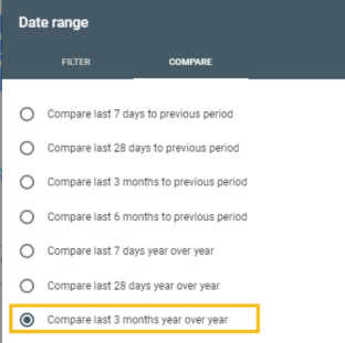 To capture the largest amount of year over year data, select “Compare last 3 months year over year”.