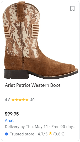 An example of a merchant listing achieved by Ariat, showing a large image of a Western Boot, 4.8 star rating, delivery dates, trusted store confirmation, price, and more. 