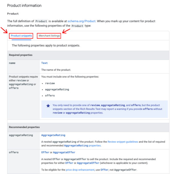 A screenshot from Google's Product Structured Data required properties documentation, showing that you can toggle between Product Snippets and Merchant Listings to see their unique required properties.