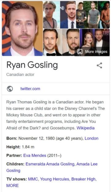 Ryan Gosling Knowledge Panel