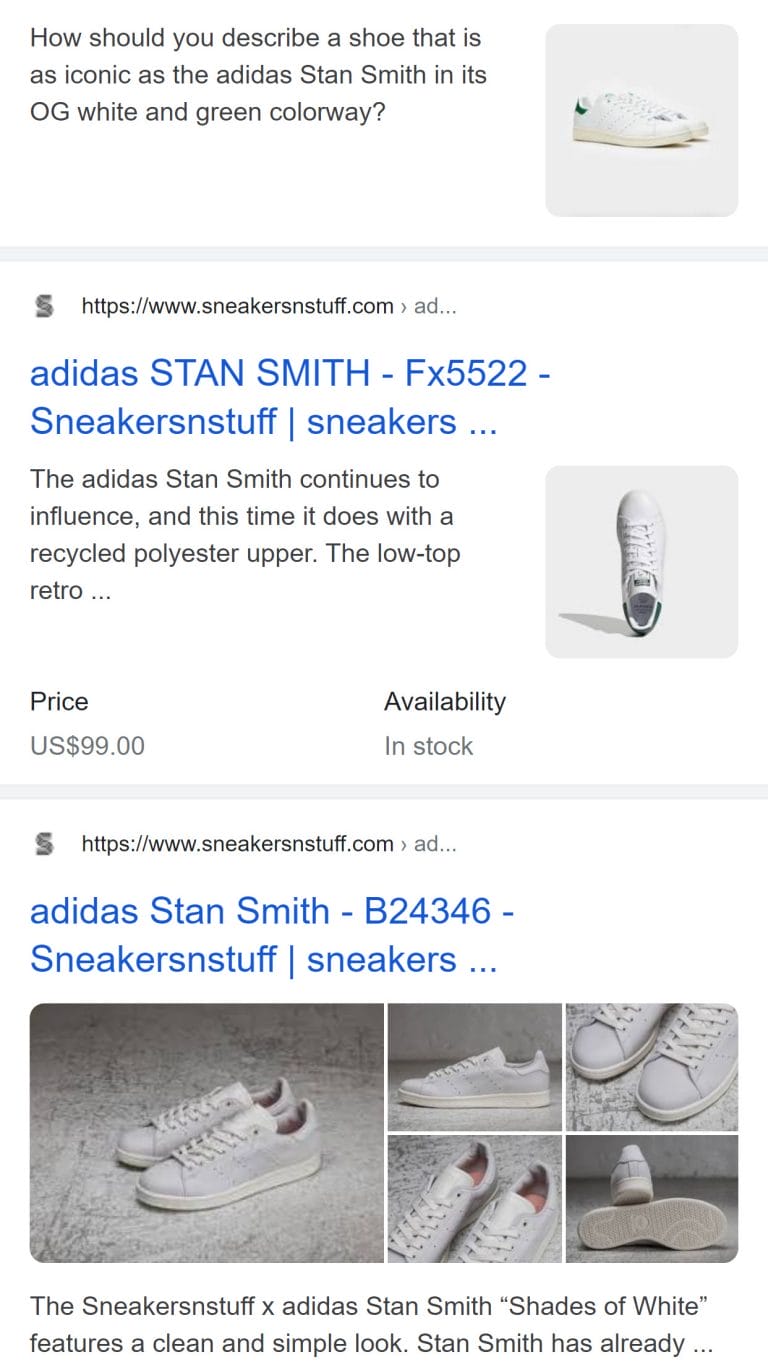 Sneakers and Stuff Product Rich Results