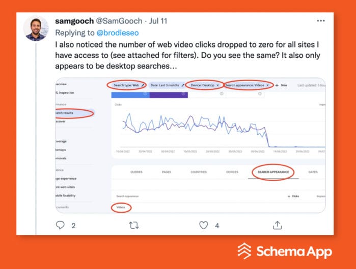 Sam Gooch Twitter post about video rich results decline