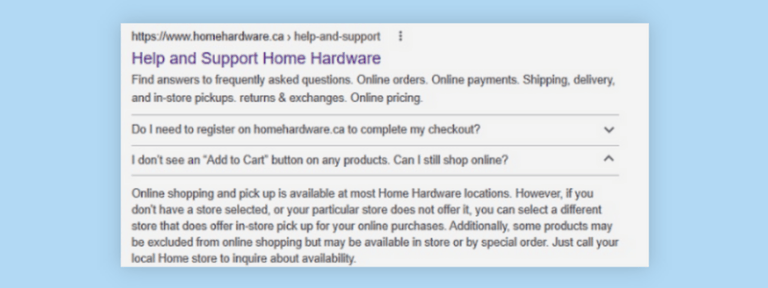 Example of Home Hardware's FAQ Rich Results