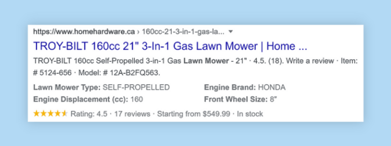 Example of Home Hardware's Product Rich Results with Review Snippet