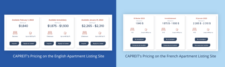 Image of CAPREIT's pricing in english on the left and their pricing in French on the right