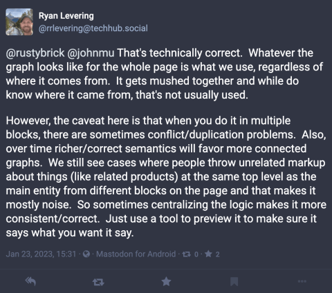 Ryan levering's response to John Mueller's comment on connected knowledge graph