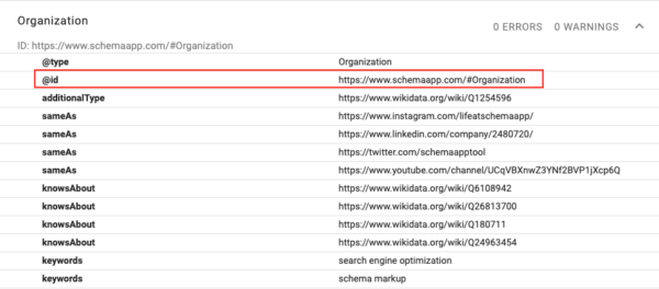 A screenshot of the Organization entity created for Schema App’s homepage with the @id “https://www.schemaapp.com/#Organization”.