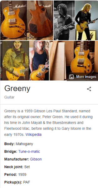 A screenshot of a Google knowledge panel for the Greeny guitar.