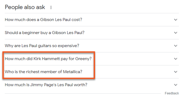 A screenshot of the 'People also ask' section on Google search that shows questions related to 'Gibson Les Paul'