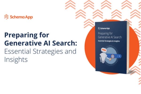 On the left, the schema app logo and the title of the ebook 'Preparing for generative ai search: essential strategies and insights'. On the right, an image of a book cover which contains the title of the ebook and a search engine robot image.