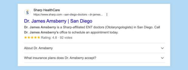 Example of a physician page achieving the review snippet and FAQ rich result at the same time