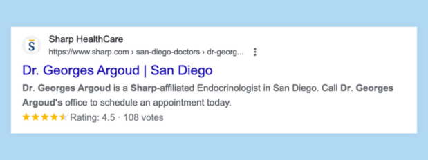 Example of a Review snippet achieved on a Physician page