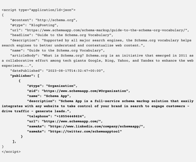 Example of nesting Organization en،y under publisher property on BlogPosting markup