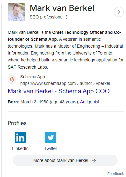 An image of Mark van Berkel's knowledge panel when his name is searched in Google. It shows a picture of him, his name, "SEO professional", when he was born, his social profile links, and a brief summary of his professional history. 