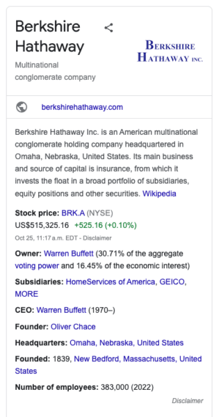 Voorbeeld van het kennispanel van Berkshire Hathaway op Google