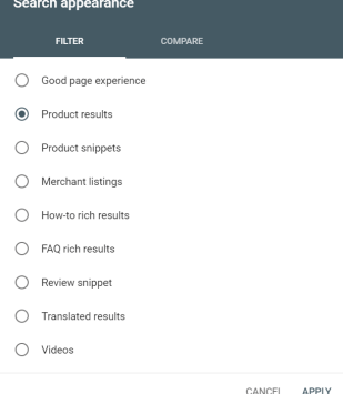 search appearance report on google search console