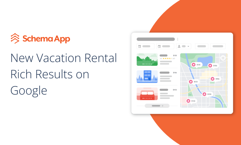 A featured image for the article titled "New Vacation Rental Rich Results on Google". To the right of the title is an image showing the visual layout of the new Vacation Rental rich result.