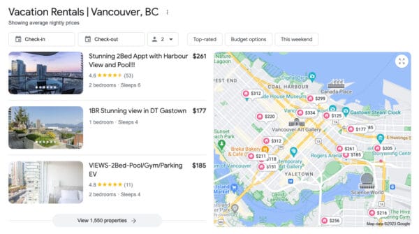 A screenshot of Vancouver vacation rentals appearing as an enhanced result on Google's search engine result page. It shows available rentals on the left with images and pricing, and a map on the right showing where each is located. 