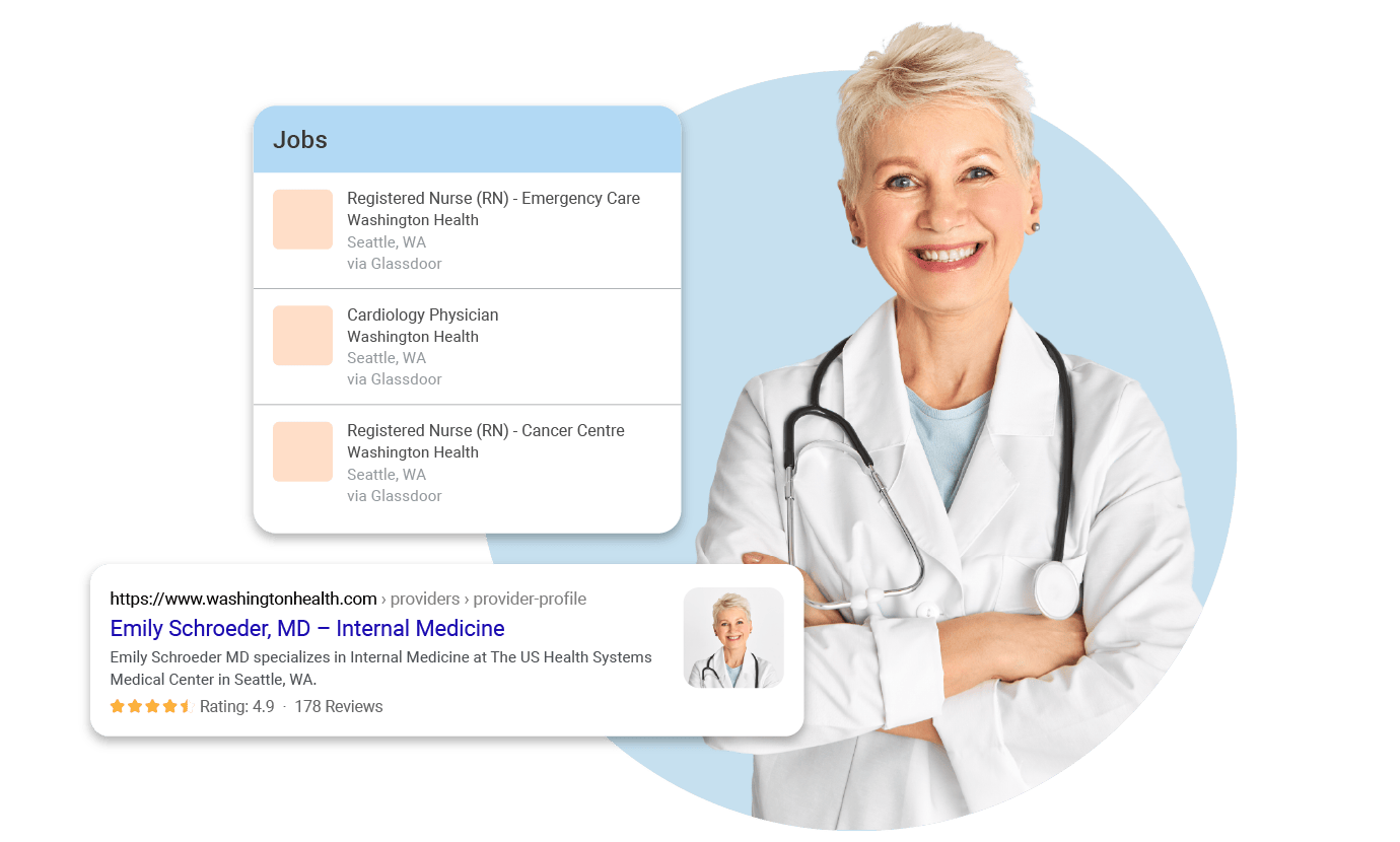 Graphic of a healthcare worker beside screenshots of Job Posting and Review Rich Results for a Healthcare site.