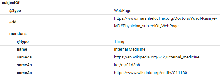 Example of the Schema Markup on Marshfield Clinic's Physician Page, showing "internal medicine" as a linked entity using the sameAs property.