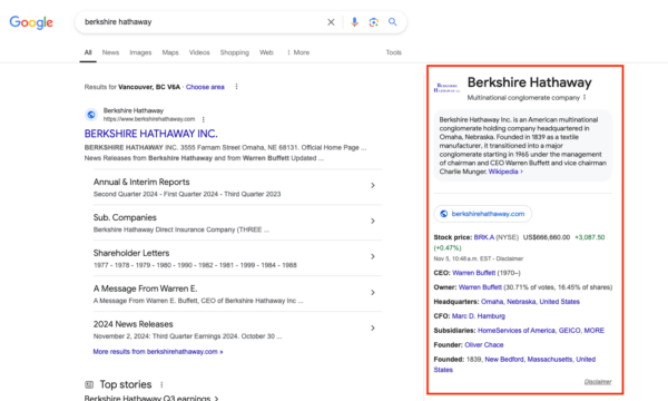 A screenshot of Berkshire Hathaway's Knowledge Panel in Google.