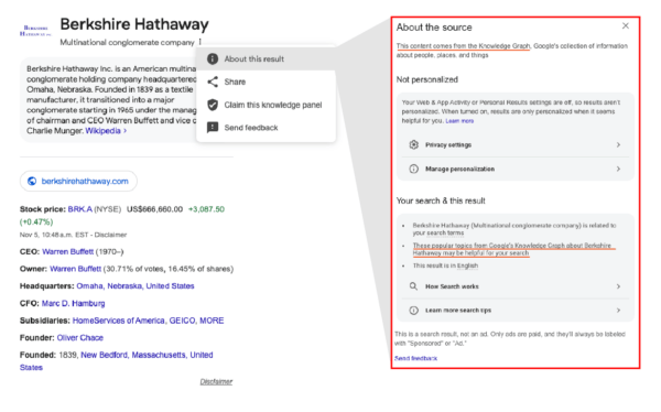 Screenshot of Berkshire Hathaway's knowledge panel in Google, highlighting the "About this result" feature showing more about the source.