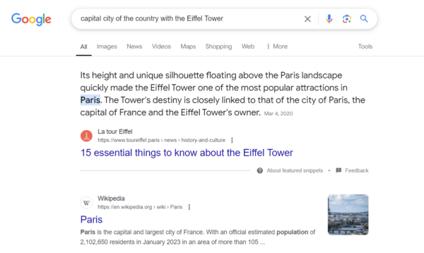 Screenshot of a Google search for the query "capital city of the country with the Eiffel Tower" that returned a result for "Paris, France."