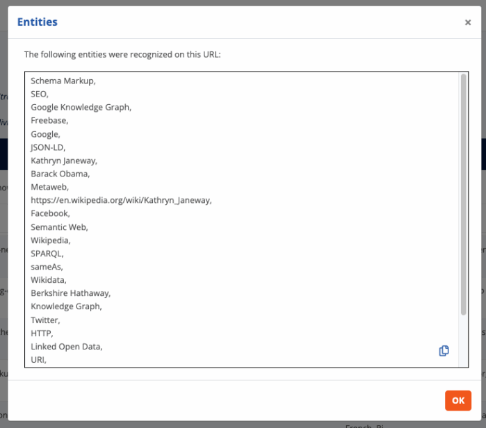 URL View showcasing entities found on a specific URL