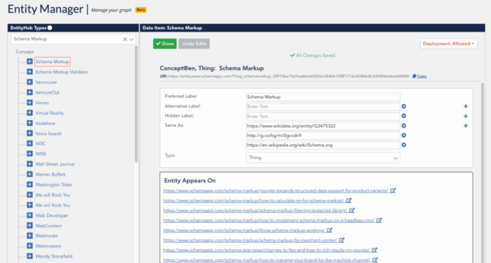 Entity Manager tool showing a particular entity