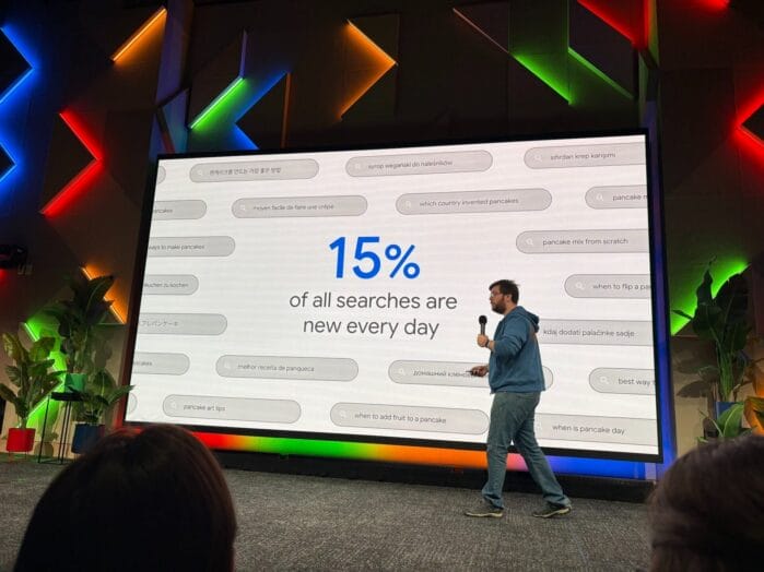 Photo of Google Search Central Live Toronto, showing stat of 15% of queries being new every day.