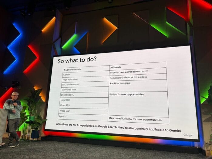 Photo of Google Search Central Live Toronto, showing what to do for AI search vs traditional search.