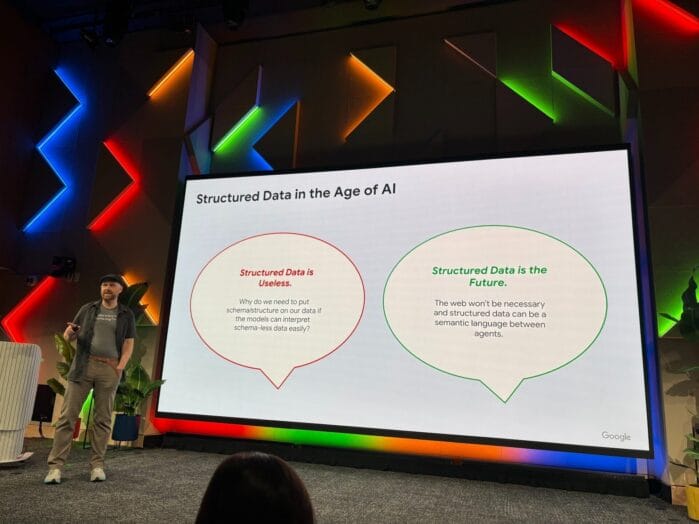 Photo of Google Search Central Live Toronto, showing recommendation of structured data for AI readiness.